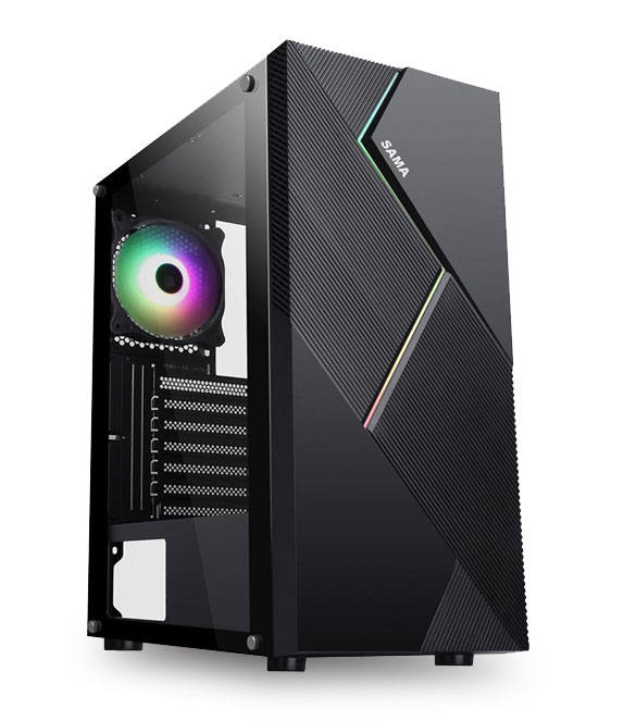 A SAMA Line 3 ATX Mid Tower Computer Case is tilted slightly to the right